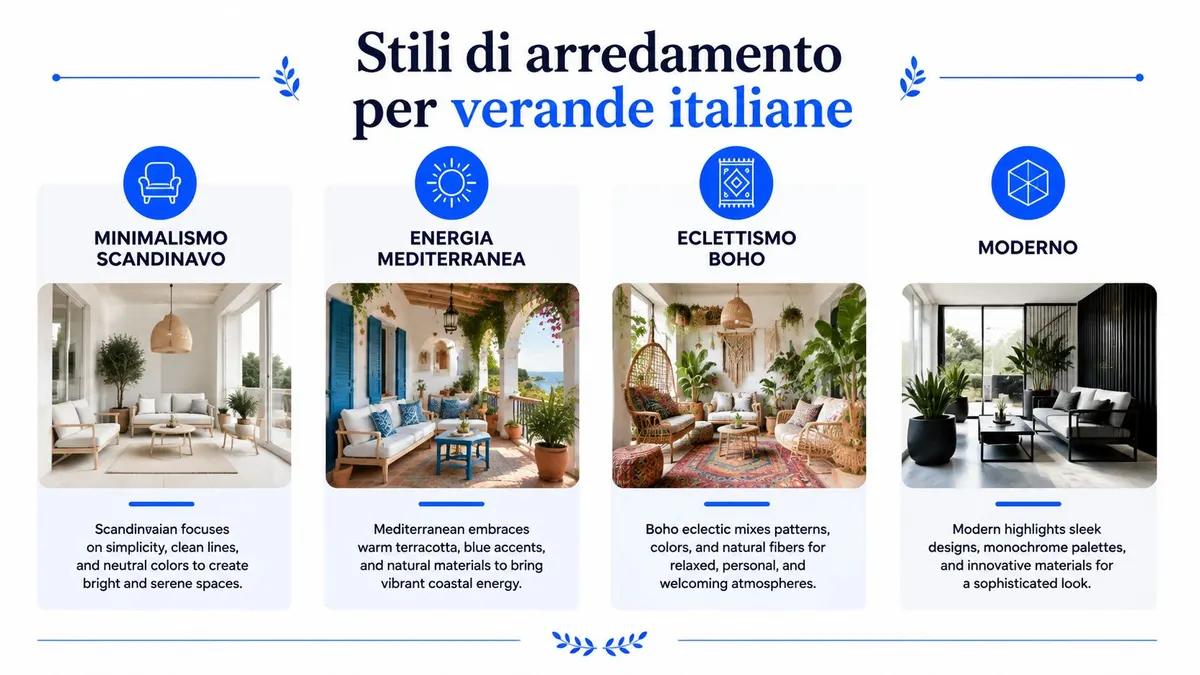 Quattro diversi stili di arredamento per verande italiane, tra cui minimalismo scandinavo, mediterraneo, boho ed uno moderno.