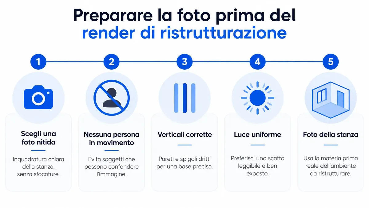 Infografica con cinque consigli utili per preparare una foto perfetta prima di un render di ristrutturazione professionale.