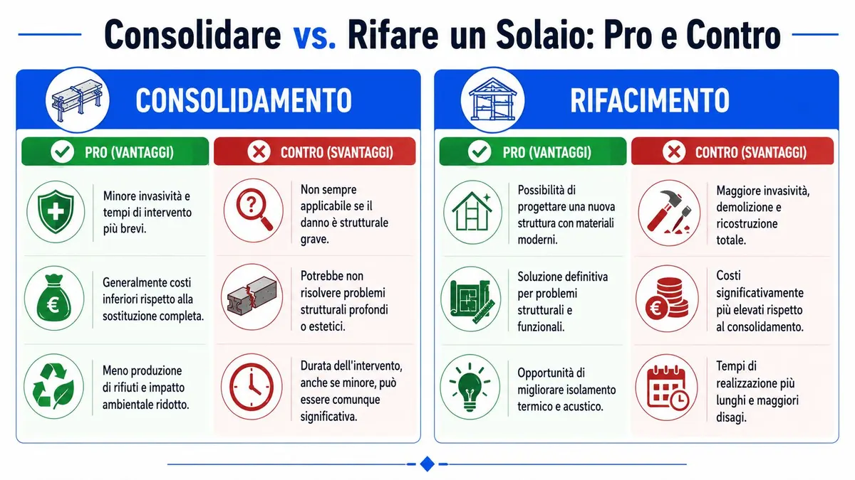 Confronto tra consolidamento e rifacimento di un solaio: vantaggi e svantaggi a confronto in una infografica.