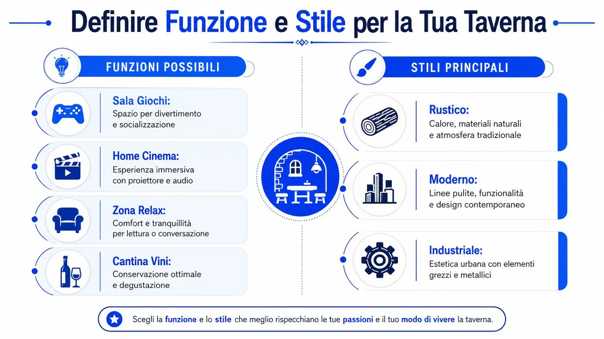 Infografica informativa sulle opzioni di design per arredare una taverna, includendo stili e destinazioni d'uso possibili.