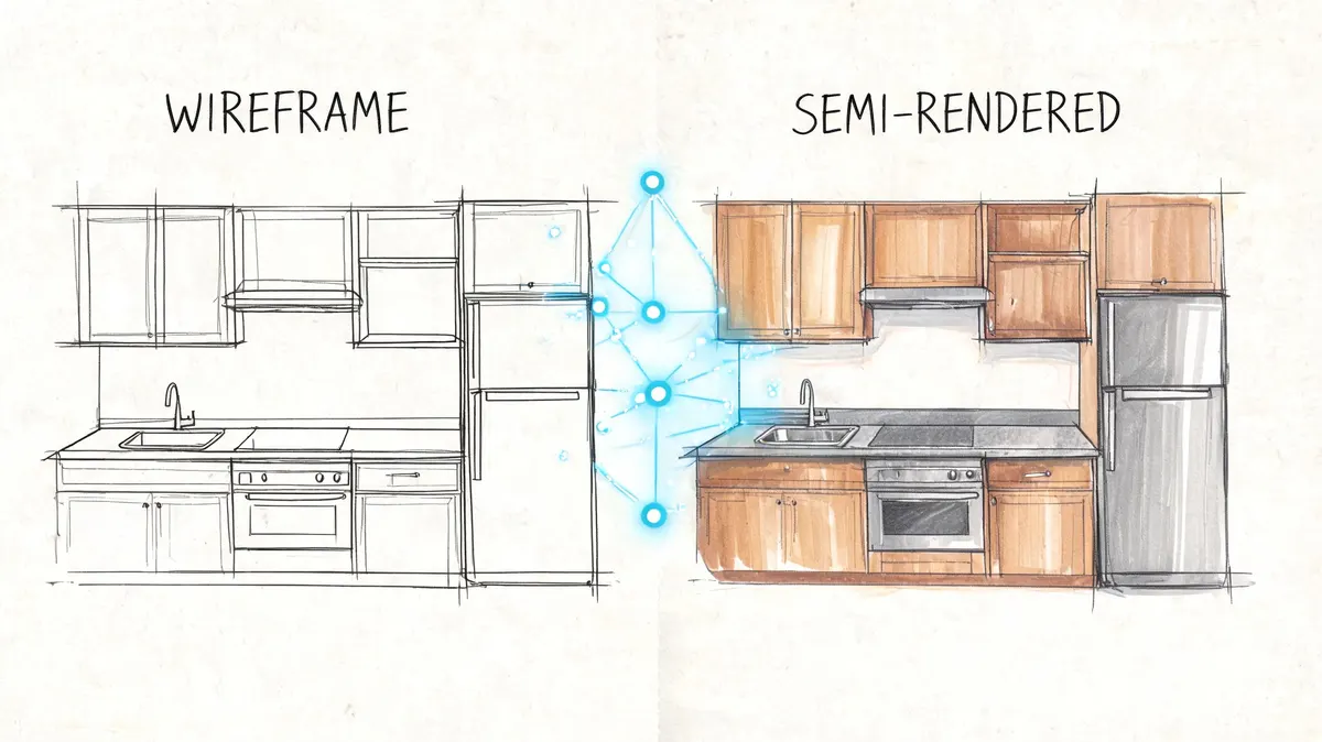 Confronto tra un disegno a linee di una cucina e la sua versione colorata e renderizzata.