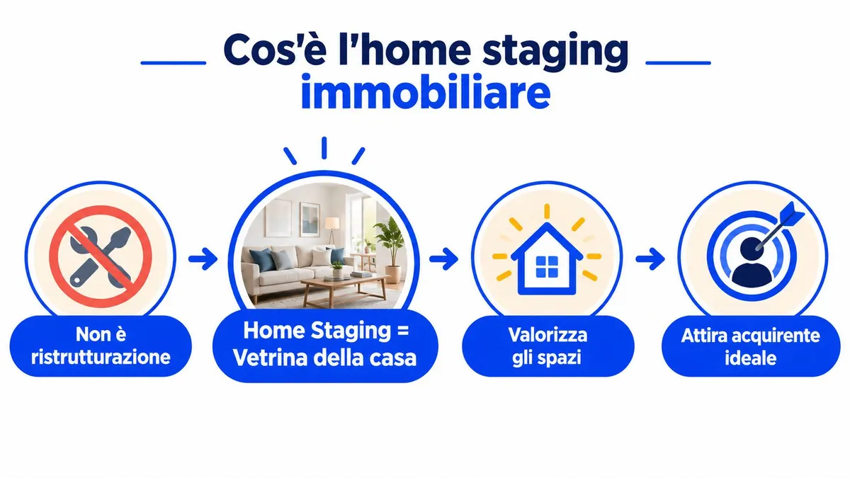 Un infografica esplicativa che chiarisce il concetto di home staging immobiliare attraverso quattro passaggi grafici intuitivi.