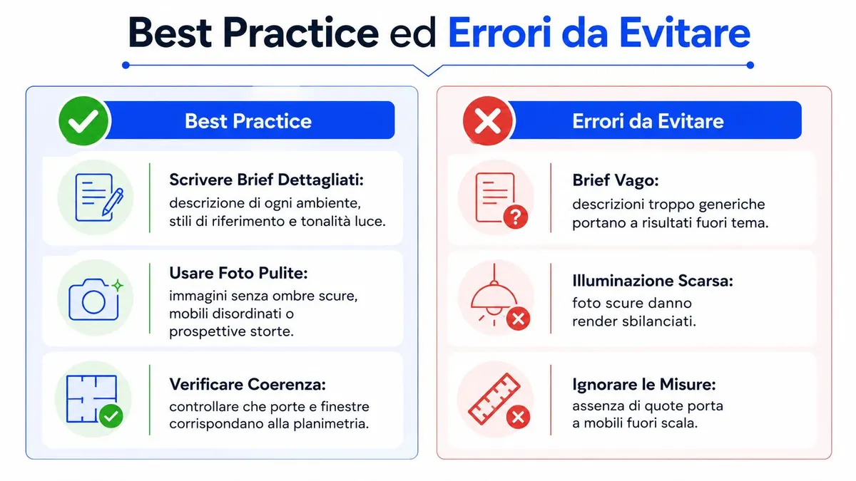 Infografica che illustra le migliori pratiche e gli errori comuni da evitare durante la progettazione di interni online.