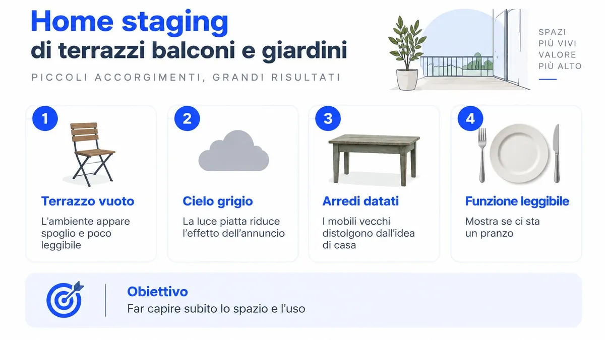 Infografica sul home staging di terrazzi e balconi con consigli pratici per valorizzare gli spazi esterni.
