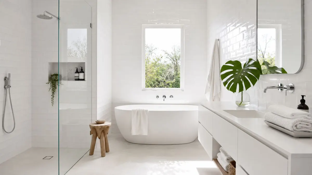 Bagno moderno e luminoso con vasca da bagno indipendente, doccia walk-in, piante verdi e mobili minimalisti bianchi.