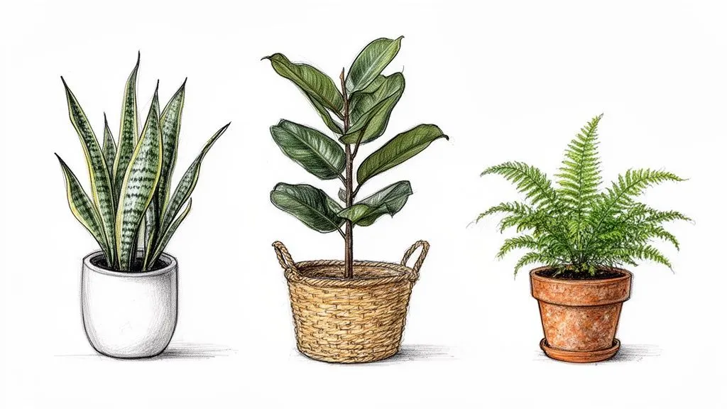 Tre diverse piante d'appartamento illustrate: una sansevieria in vaso bianco, un ficus in cesto e una felce in vaso di terracotta.