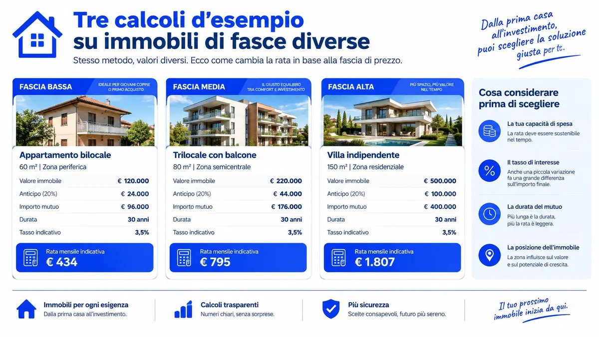 Tre esempi di calcoli di mutuo per diverse fasce di prezzo immobiliare, dalla prima casa all'investimento.