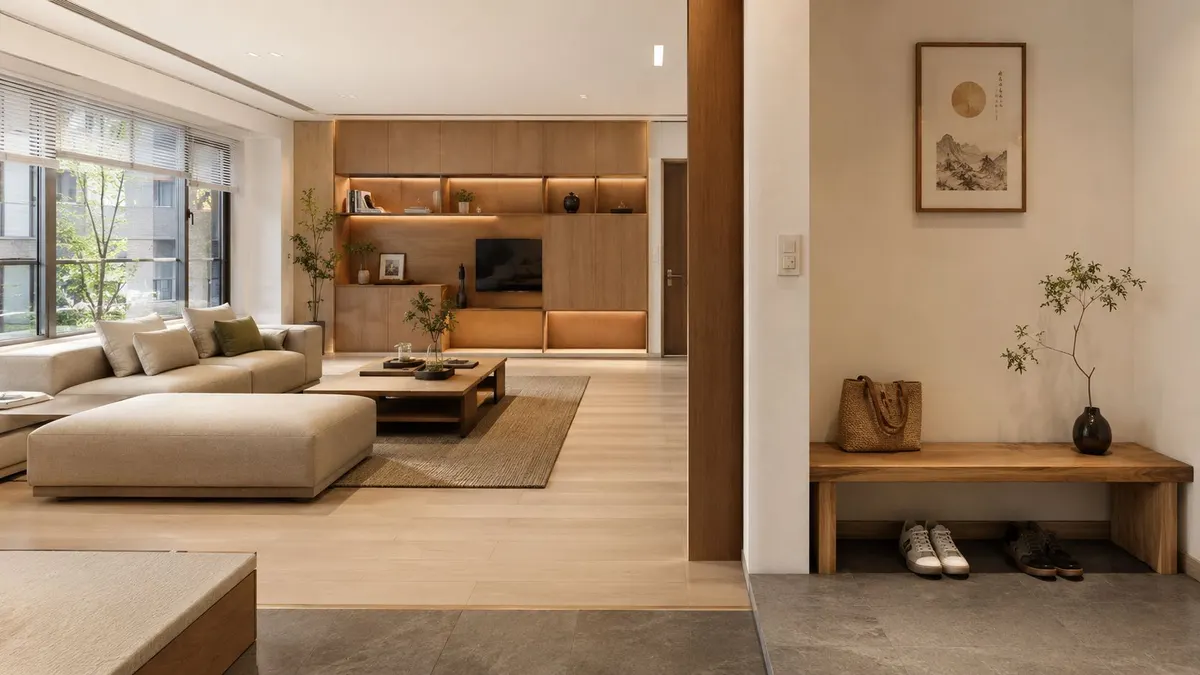 Interno di una casa in stile giapponese con arredamento moderno, pavimenti in legno chiaro e atmosfera minimalista