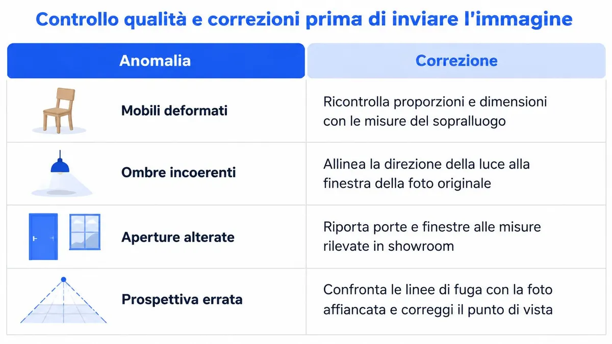 Tabella di controllo qualità che mostra anomalie e correzioni per la post-produzione di immagini di arredamento.