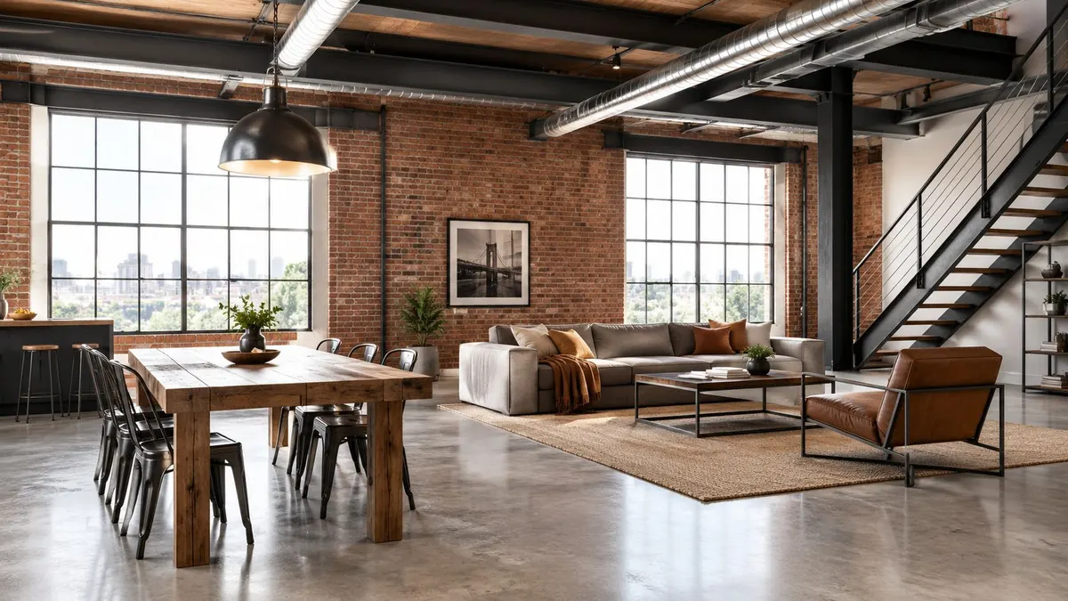 Interno di un moderno loft in stile industriale con mattoni a vista, arredamento elegante e ampie finestre.