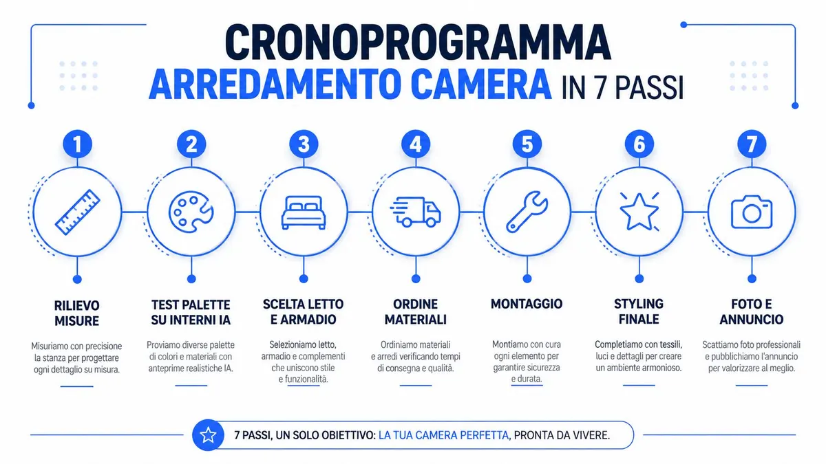 Infografica con sette passaggi per l'arredamento di una camera da letto, dalla misurazione al servizio fotografico finale.