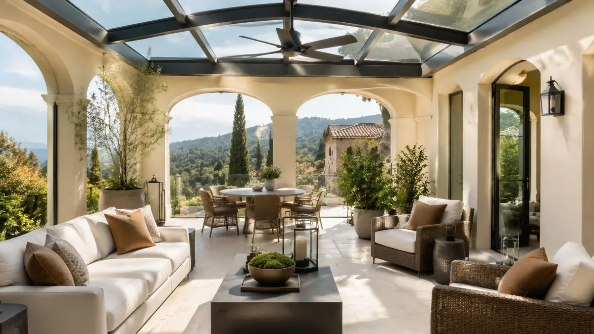 Veranda di lusso con divani bianchi, sedie in rattan e vista panoramica sulle colline in stile mediterraneo.