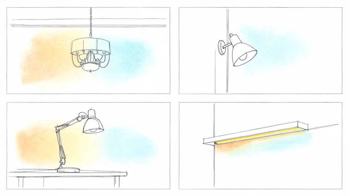 Disegno artistico di vari tipi di lampade per illuminazione di interni, inclusi lampadario, lampada da parete, lampada da scrivania e illuminazione lineare.