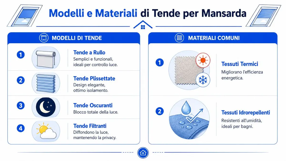 Infografica illustrata che mostra diversi modelli di tende per mansarda e i materiali più adatti all'uso.