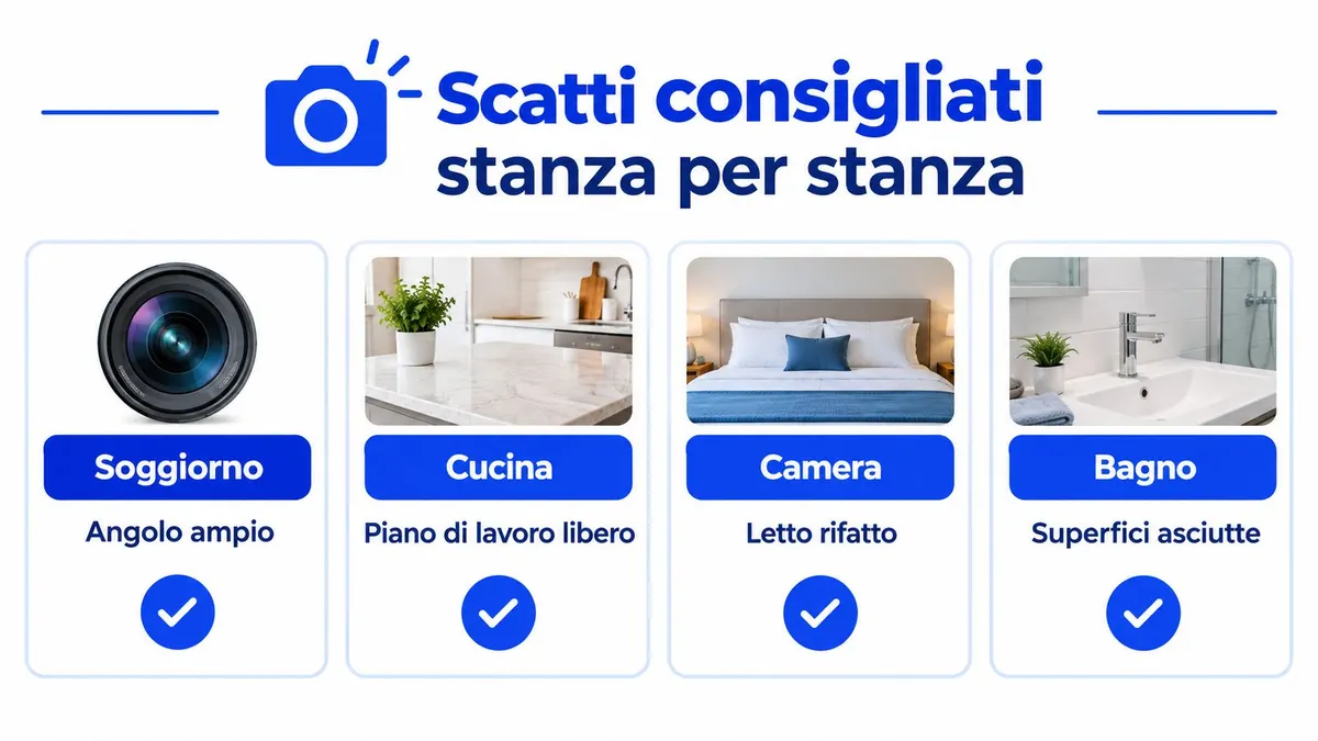 Una grafica con suggerimenti per scattare foto immobiliari professionali stanza per stanza in ottica virtual staging.