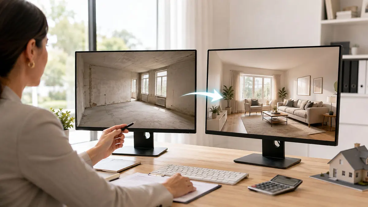 Una professionista utilizza un software di virtual staging per trasformare un immobile grezzo in un soggiorno arredato.