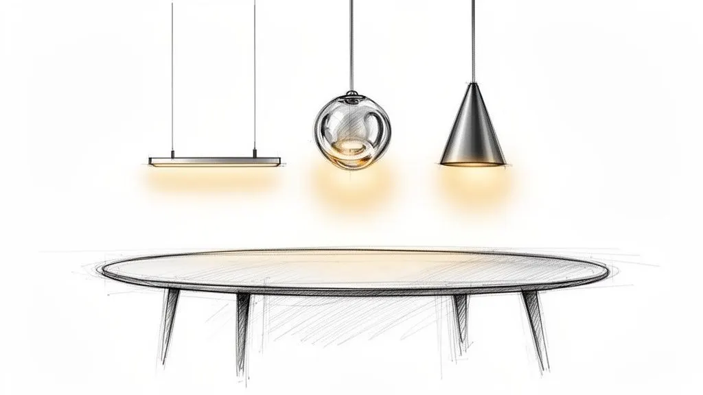 Schizzo di tre moderne lampade a sospensione sopra un tavolo da pranzo ovale, illuminando con luce calda.