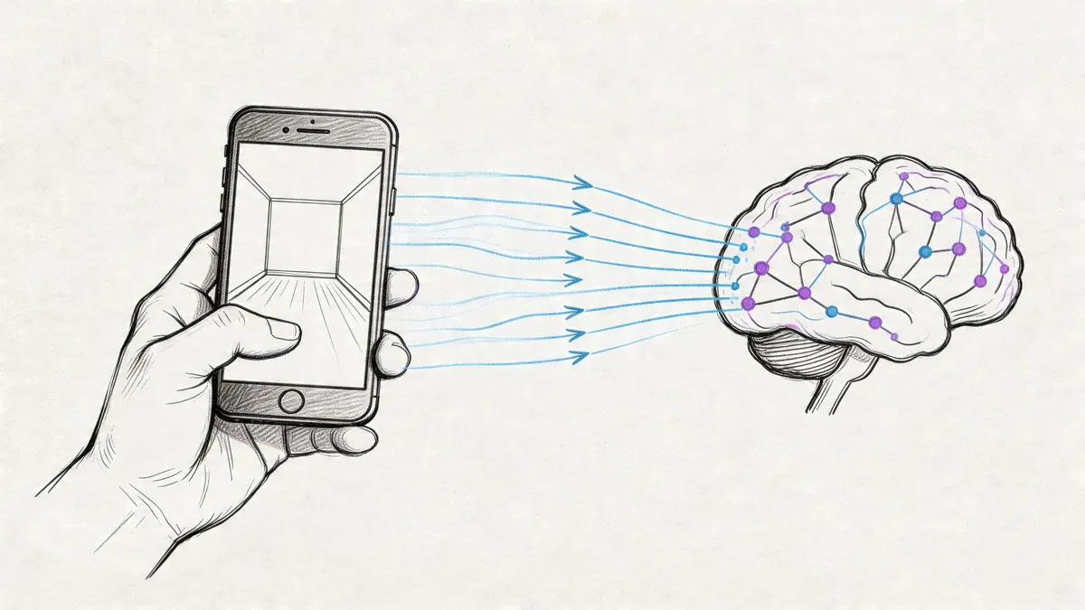 Una mano che tiene uno smartphone proietta immagini di una stanza digitale verso un cervello umano stilizzato.