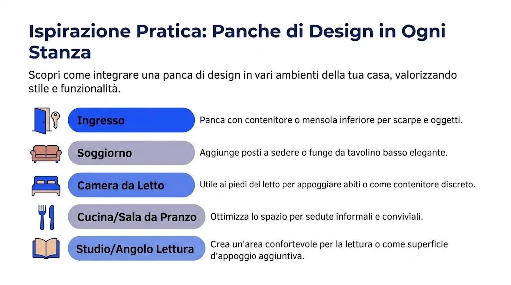 Infografica che mostra come integrare panche di design in diverse stanze della casa, migliorando stile e funzionalità.