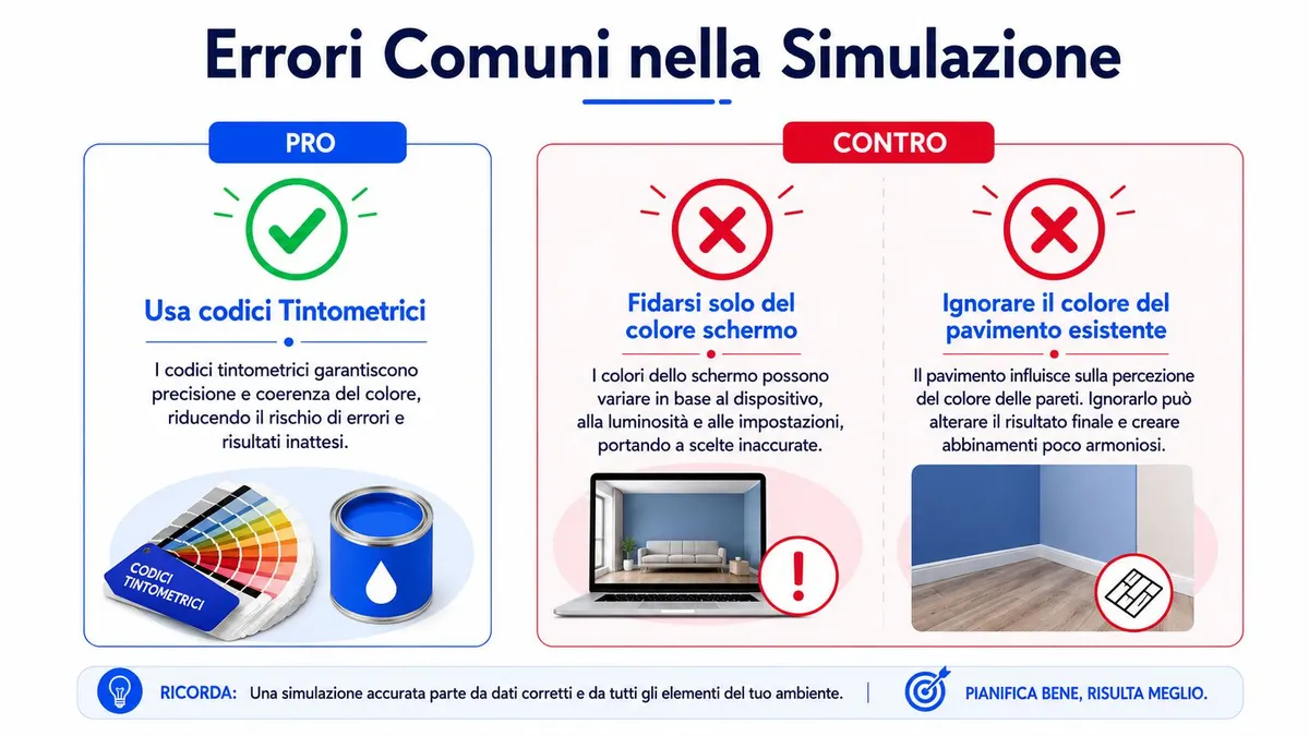 Infografica che mostra consigli utili e errori comuni da evitare durante la simulazione di colori per pareti.