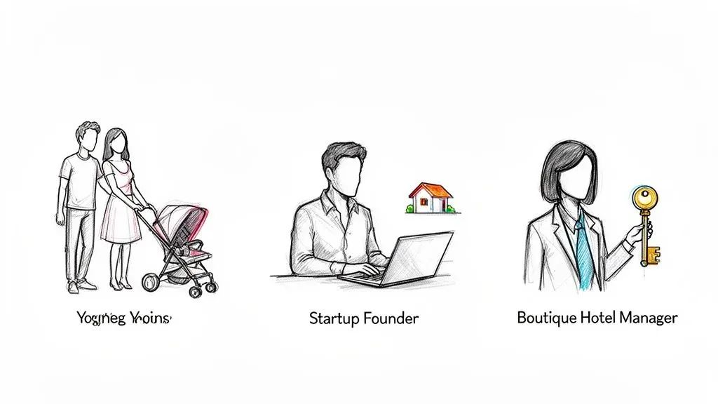 Tre illustrazioni che mostrano diversi profili: giovani genitori, fondatore di startup e gestore di hotel.