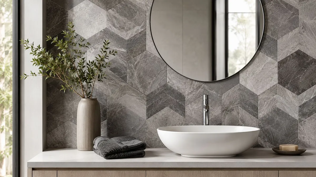 Moderno lavabo bianco sopra un mobile in legno con rivestimento a parete in piastrelle grigie geometriche
