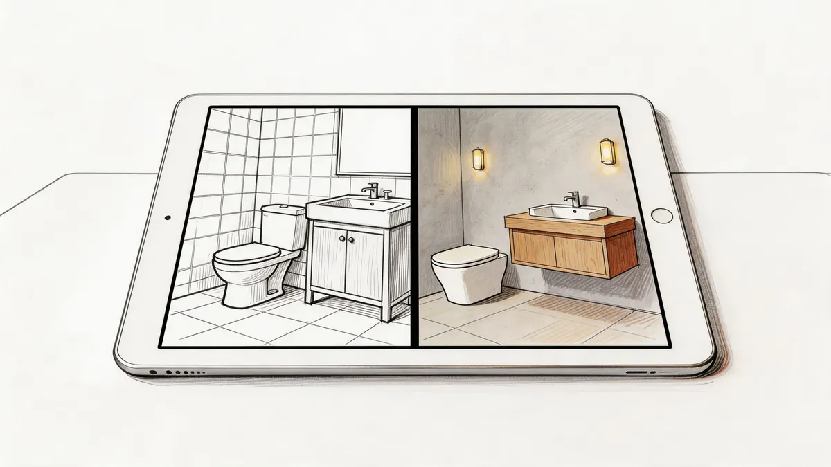 Un tablet mostra un confronto visivo tra un disegno tecnico e un rendering realistico di una ristrutturazione bagno.