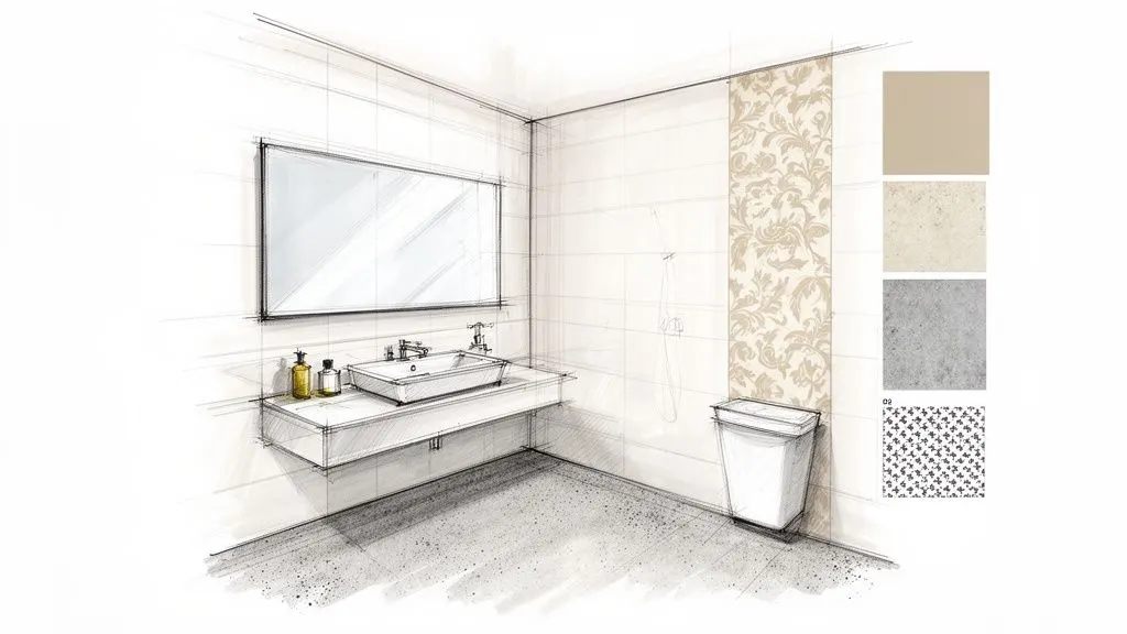 Schizzo architettonico di un bagno moderno con lavabo, specchio, pannello decorativo e campioni di materiali.