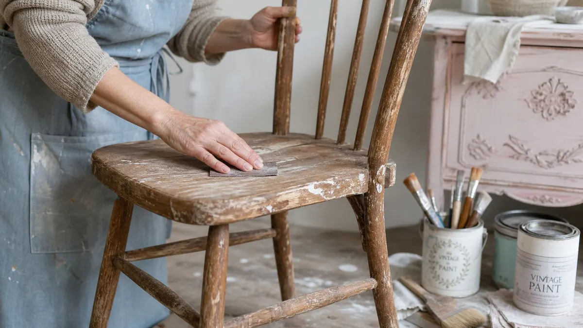 Una persona sta restaurando una vecchia sedia di legno carteggiando la superficie con carta vetrata
