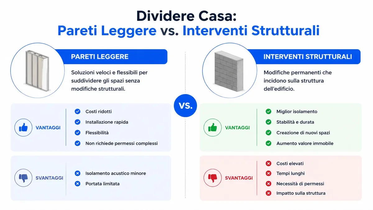 Confronto grafico tra pareti leggere e interventi strutturali per la suddivisione degli spazi domestici in casa.