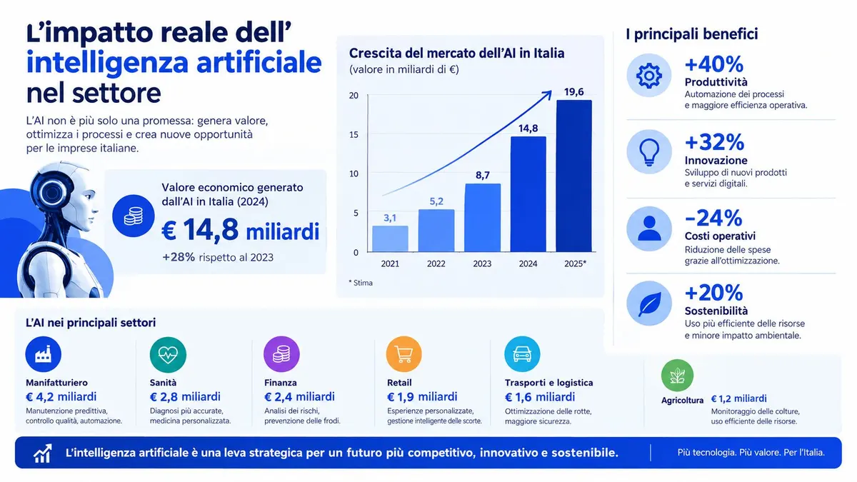 Infografica sull'impatto economico dell'intelligenza artificiale in Italia, con grafici di crescita e benefici per vari settori.