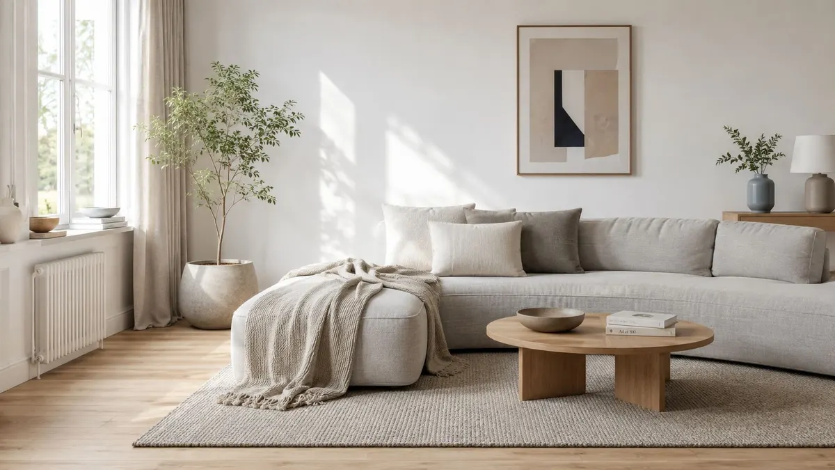 Soggiorno luminoso e moderno con divano beige, tavolino in legno e arredamento minimalista in toni neutri.