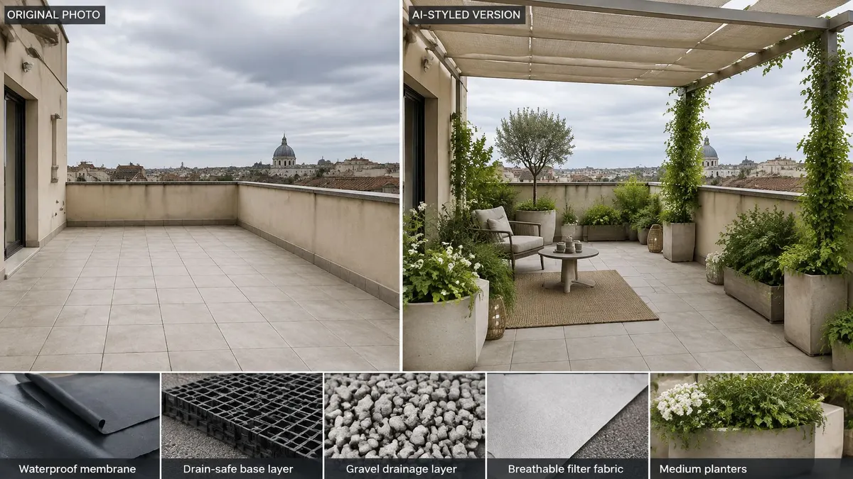 Confronto tra un terrazzo vuoto e una versione arredata con piante, pergolato e mobili da esterno