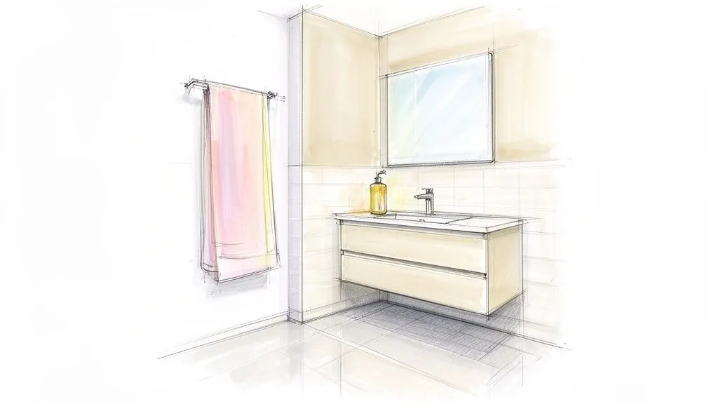 Illustrazione di un bagno moderno con mobile lavabo sospeso, specchio grande e asciugamano rosa.