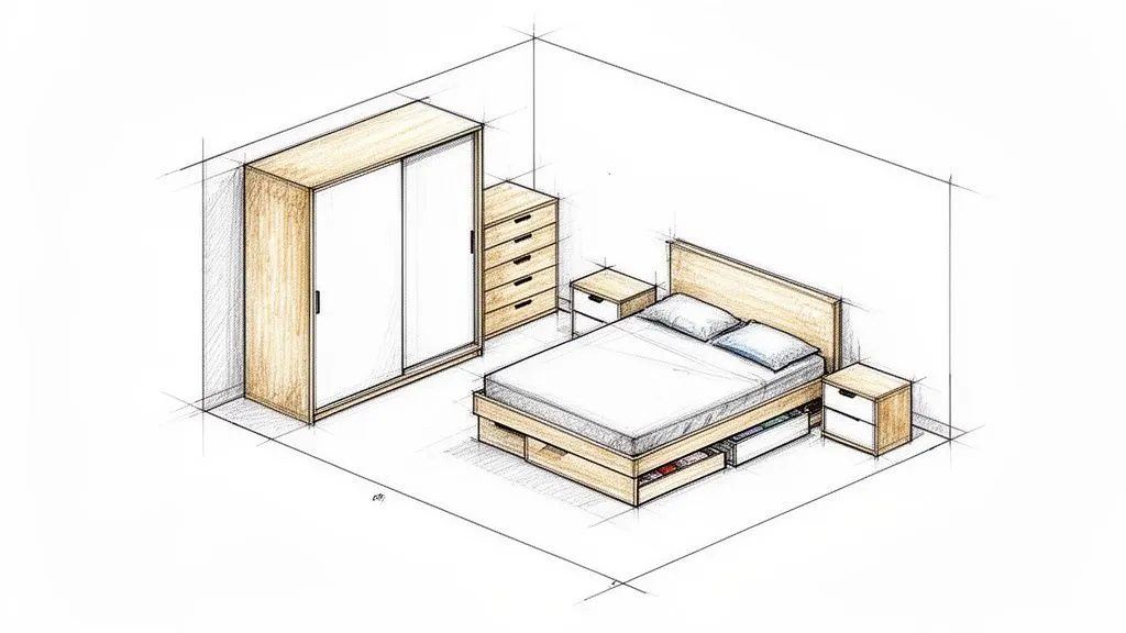 Schizzo isometrico di una camera da letto con armadio, cassettiera, letto contenitore e comodini.