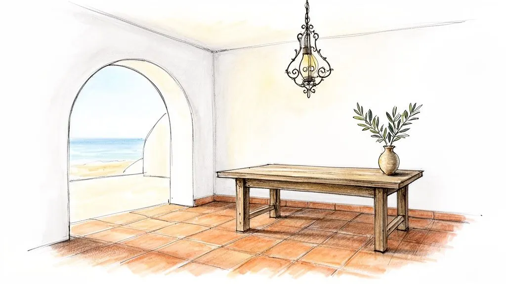 Schizzo disegnato a mano di un interno mediterraneo con tavolo in legno, vaso e arco sul mare.