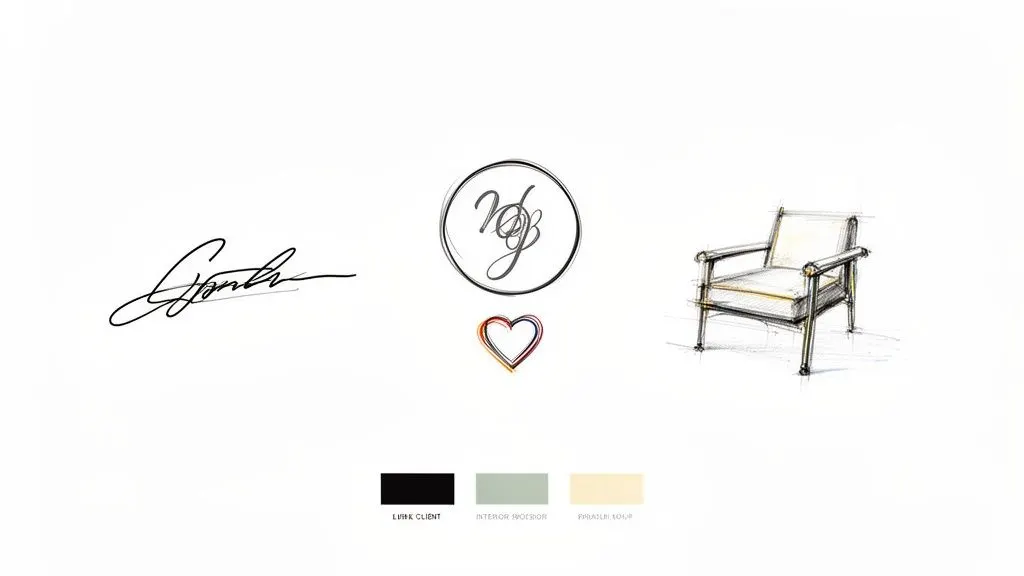 Concept di brand identity per il design d'interni, con firma stilizzata, monogramma, icona cuore e palette colori.