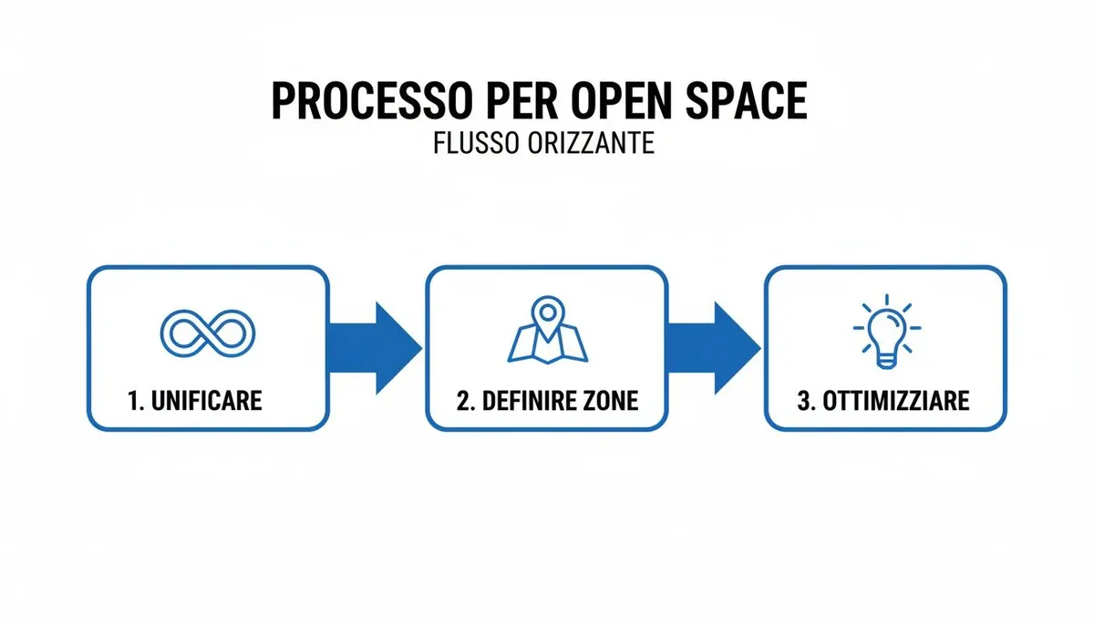 Diagramma di processo orizzontale per open space: unificare, definire zone, ottimizzare, con icone esplicative.