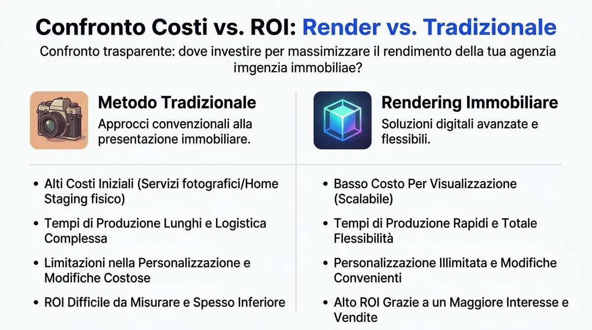 Confronto tra costi e rendimento tra fotografia immobiliare tradizionale e rendering digitali per agenzie immobiliari.