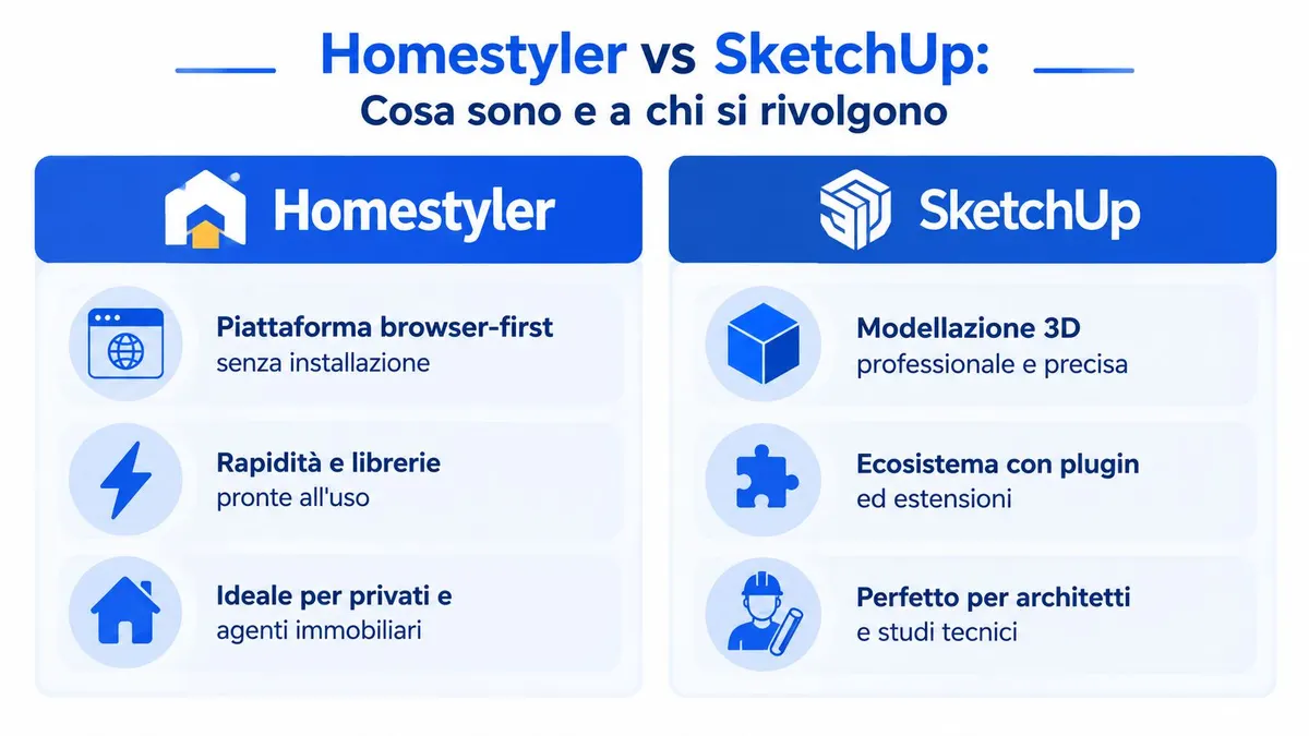 Confronto informativo tra Homestyler e SketchUp, mettendo in luce le principali caratteristiche e il target di riferimento.