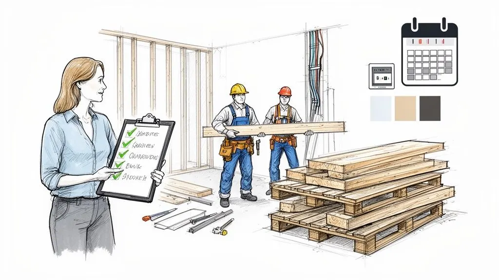 Donna con lista di controllo, operai al lavoro su un cantiere con assi di legno e icone di pianificazione.