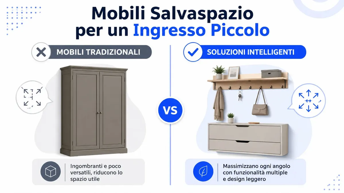 Confronto tra mobili ingombranti e soluzioni salvaspazio eleganti e intelligenti per arredare un ingresso piccolo.