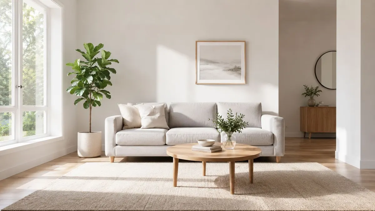 Soggiorno luminoso e moderno con divano beige, tavolino in legno, pianta da interno e decorazioni minimaliste.