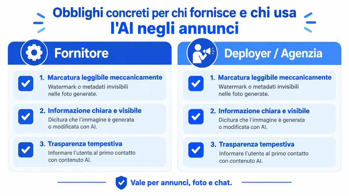 Infografica che elenca gli obblighi di trasparenza per fornitori e agenzie che utilizzano l'intelligenza artificiale negli annunci pubblicitari.