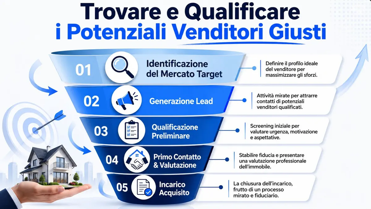 Un infografica sul processo di acquisizione immobiliare, passo dopo passo, per identificare e qualificare i potenziali venditori.