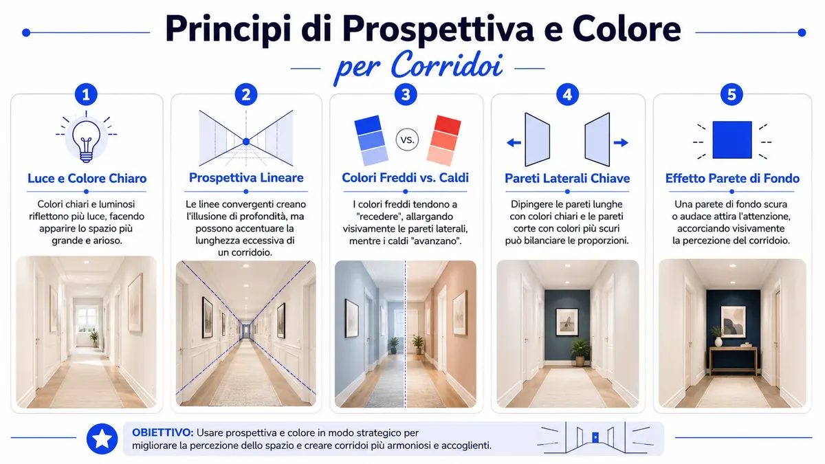 Infografica illustra cinque principi di prospettiva e colore per migliorare esteticamente e visivamente un corridoio lungo e stretto.