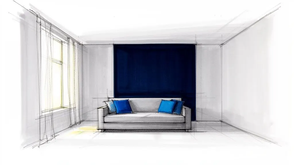 Schizzo di un moderno salotto con divano grigio, cuscini blu e una parete accentuata scura.