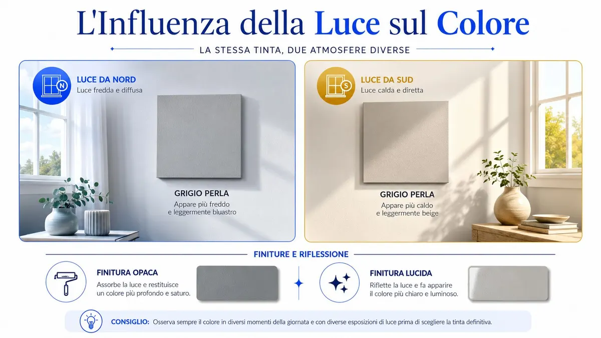 Grafica che illustra come la luce naturale proveniente da nord o sud influenza la percezione del colore.