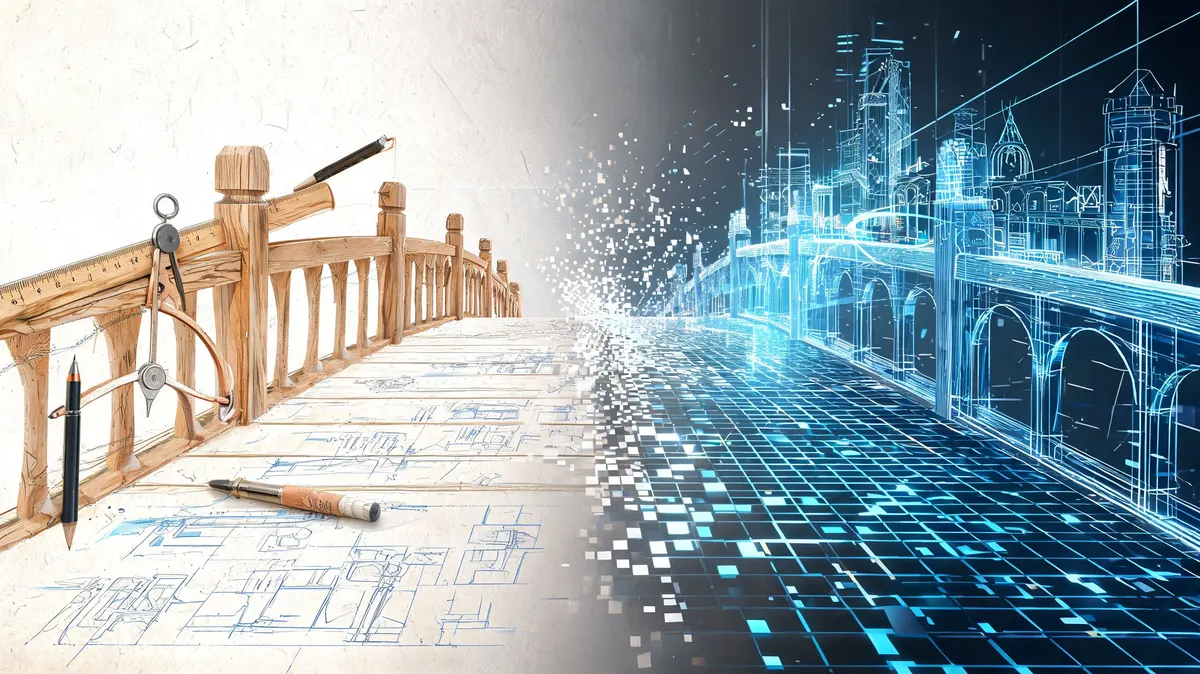 Un ponte che trasforma un disegno architettonico analogico in una complessa rappresentazione digitale moderna e futuristica.