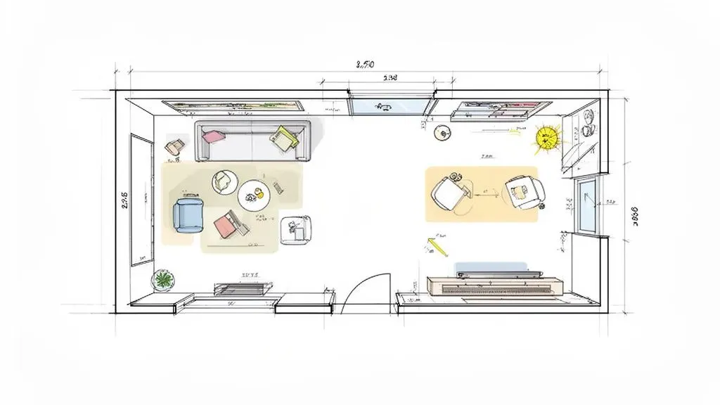 Pianta dettagliata di un salotto moderno con divano, tavolo, sedie e zona lavoro, ideale per l'arredamento.